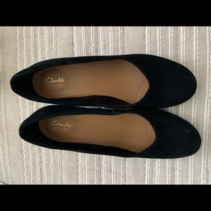 Clark’s black suede wedge